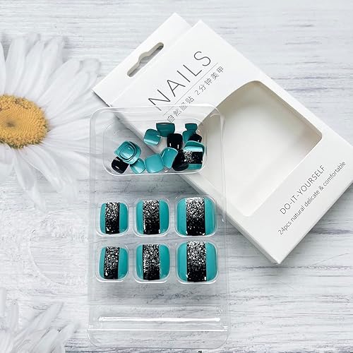 Miniatura 6 de Uñas postizas blancas a presión con forma cuadrada corta, uñas postizas de cobertura completa, uñas acrílicas brillantes con diseño de purpurina,