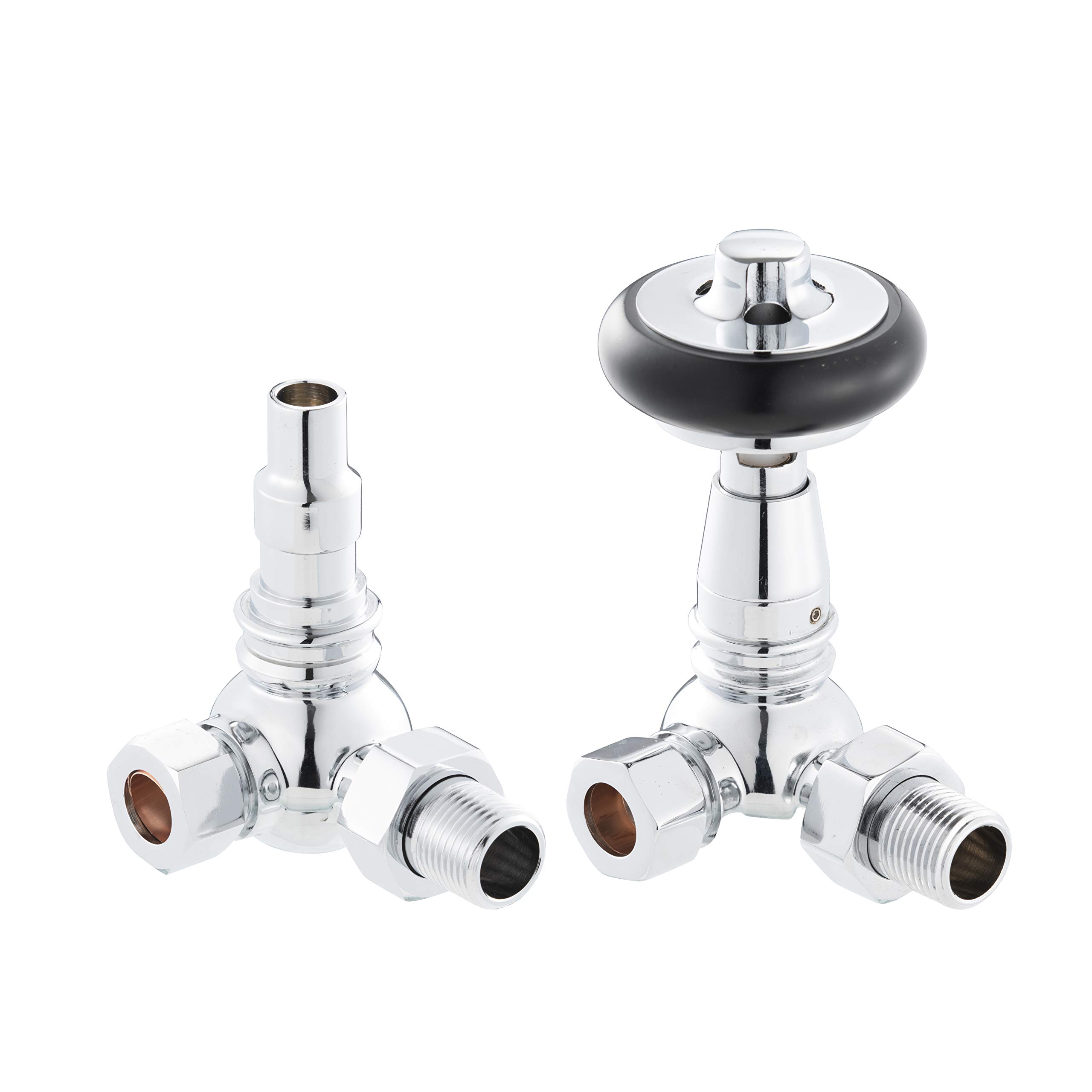 UK-15 Chr Arroll traditional Chrome Corner Thermostatic Radiator Valve with FSC certified black wooden wheel head & lockshield