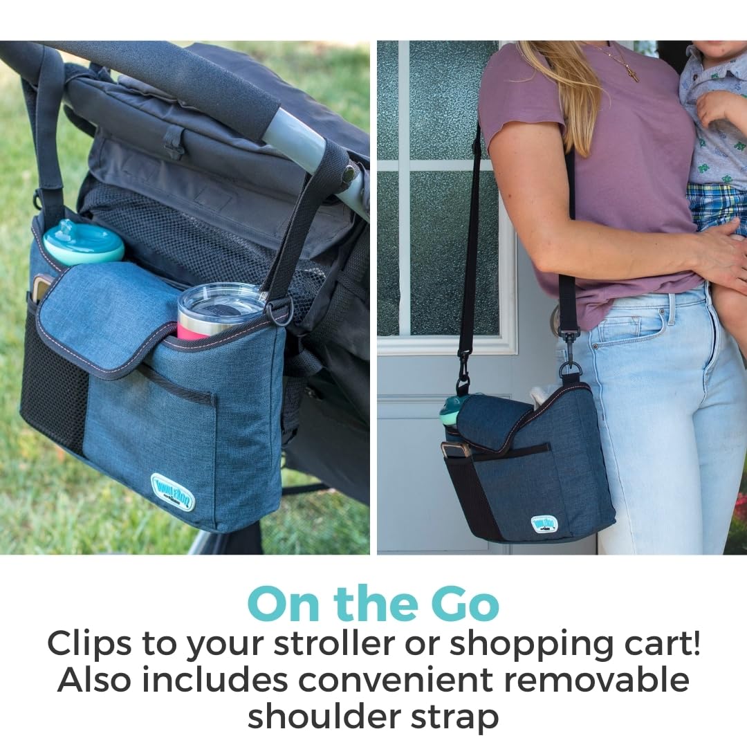 Toddleroo by North States Kinderwagen-Organizer: Universal-Kinderwagen-Caddy mit Getränkehalter, verstellbare Aufbewahrung, Marineblau