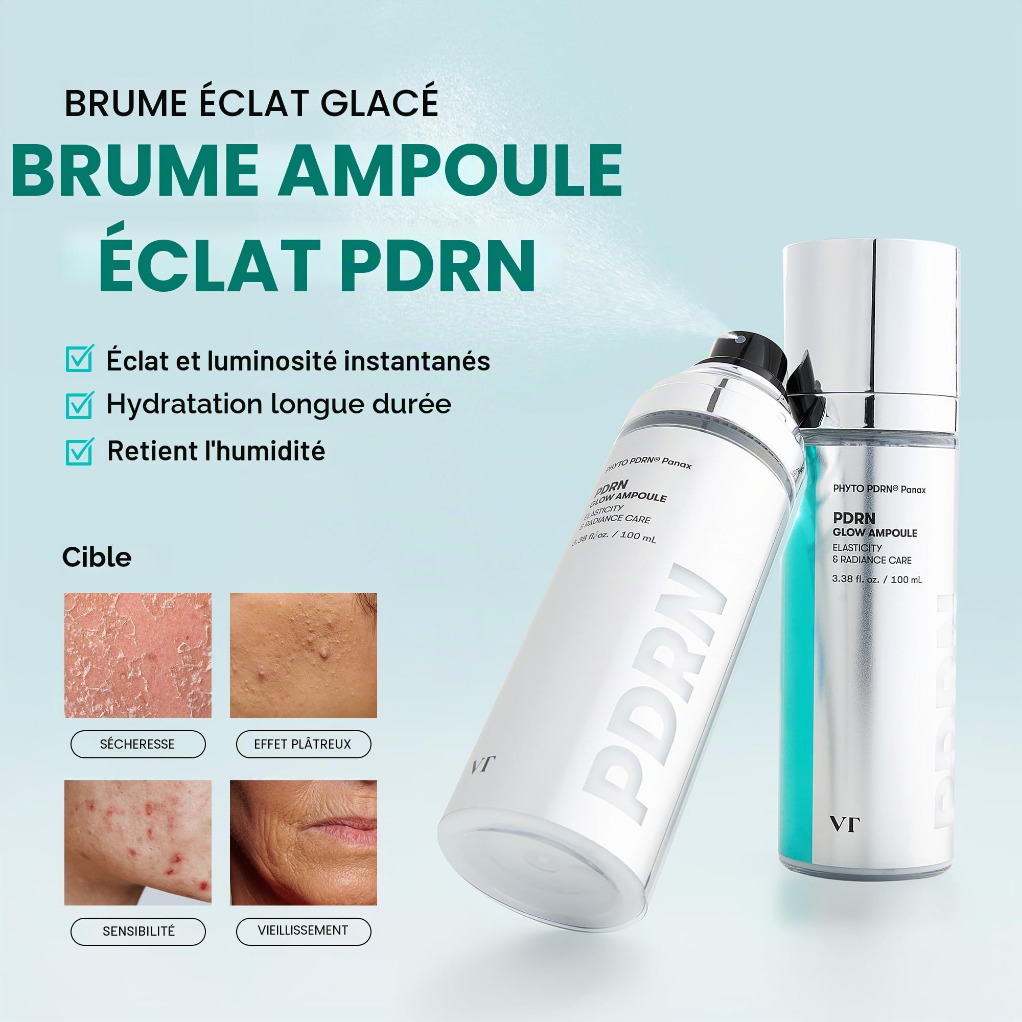 VT COSMETICS PDRN Glow Ampoule en spray hydratant profondément pour le visage - Sérum léger végétalien - Effet repulpant - Sans parfum - Soin coréen de la peau - 100 ml