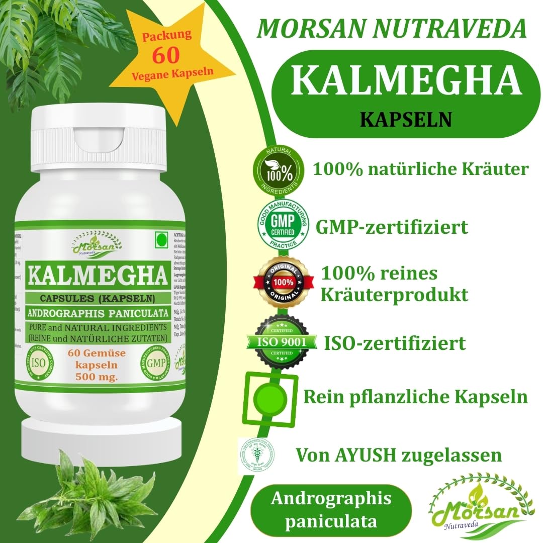 Kalmegha (Andrographis Paniculata) Capsules | 500 mg. - 10:1 Potent Extract | Ayurvedic Herbal Supplement | 60 Vegan Capsules for Men & Women (Pack of 1 Bottle)