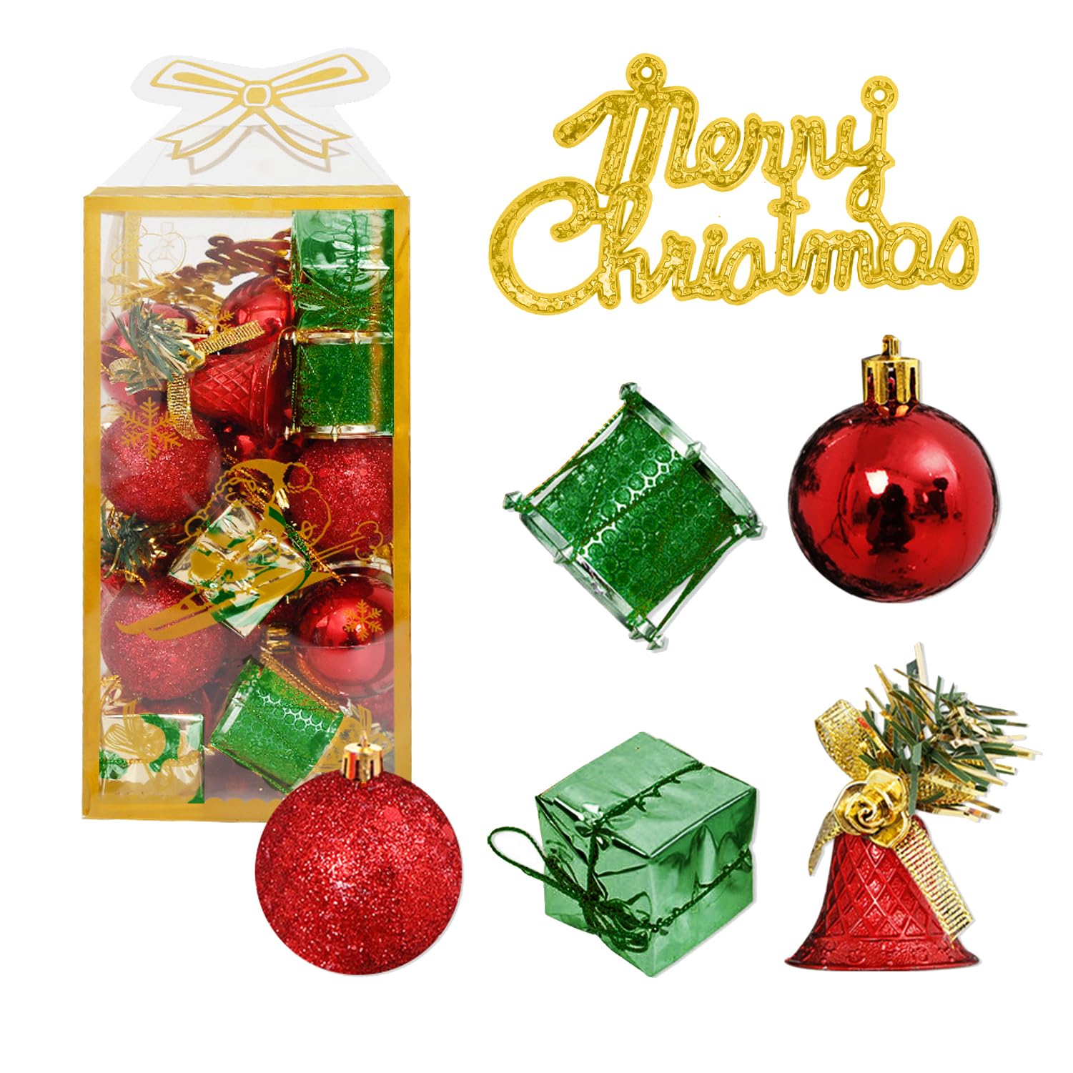 Taeku 32 Pcs Christmas Tree Ornaments Set, 1.6" Shatterproof Balls, Gift Boxes, Bells & Drums, Glitter Holiday Hanging Decorations for Indoor Outdoor Home Décor (Red-Blue)