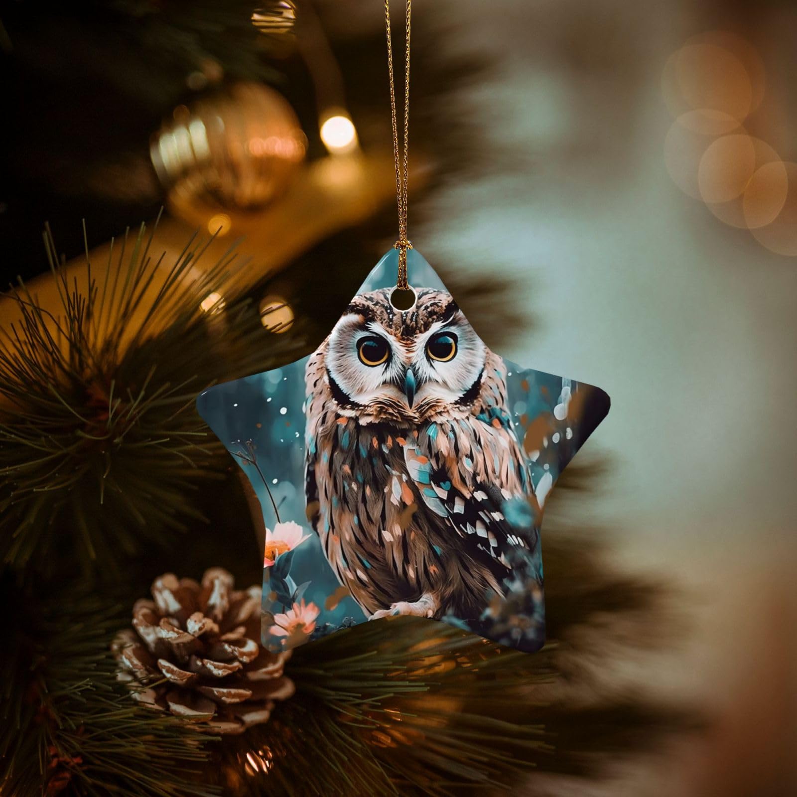 Christmas Ornaments for Christmas Tree Decoration Hanging Animal Cute owl Ornament with Gold Ribbon Crafts Star Shape Ceramic Pendant for Keepsake Gifts Xmas Decor Party Supplies