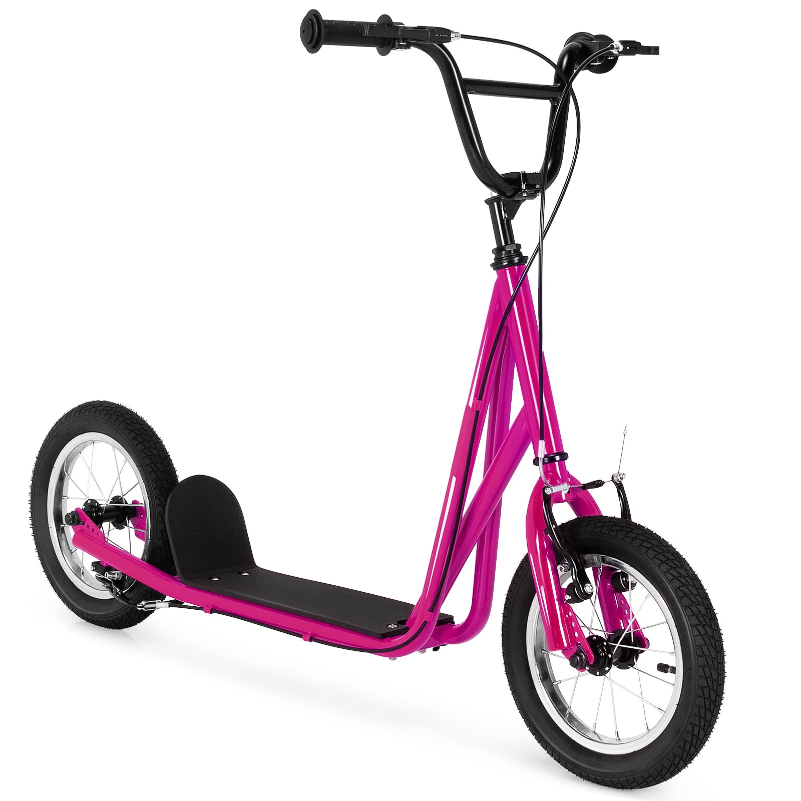 Goplus Youth Kick Scooter, Adults Kick Scooter W/Carbon Steel Frame, Adjustable Handlebar, Front and Rear Dual Brakes, 12-Inch Air Filled Wheels, Ride On Toys for Teens Kids 8+ (Pink)