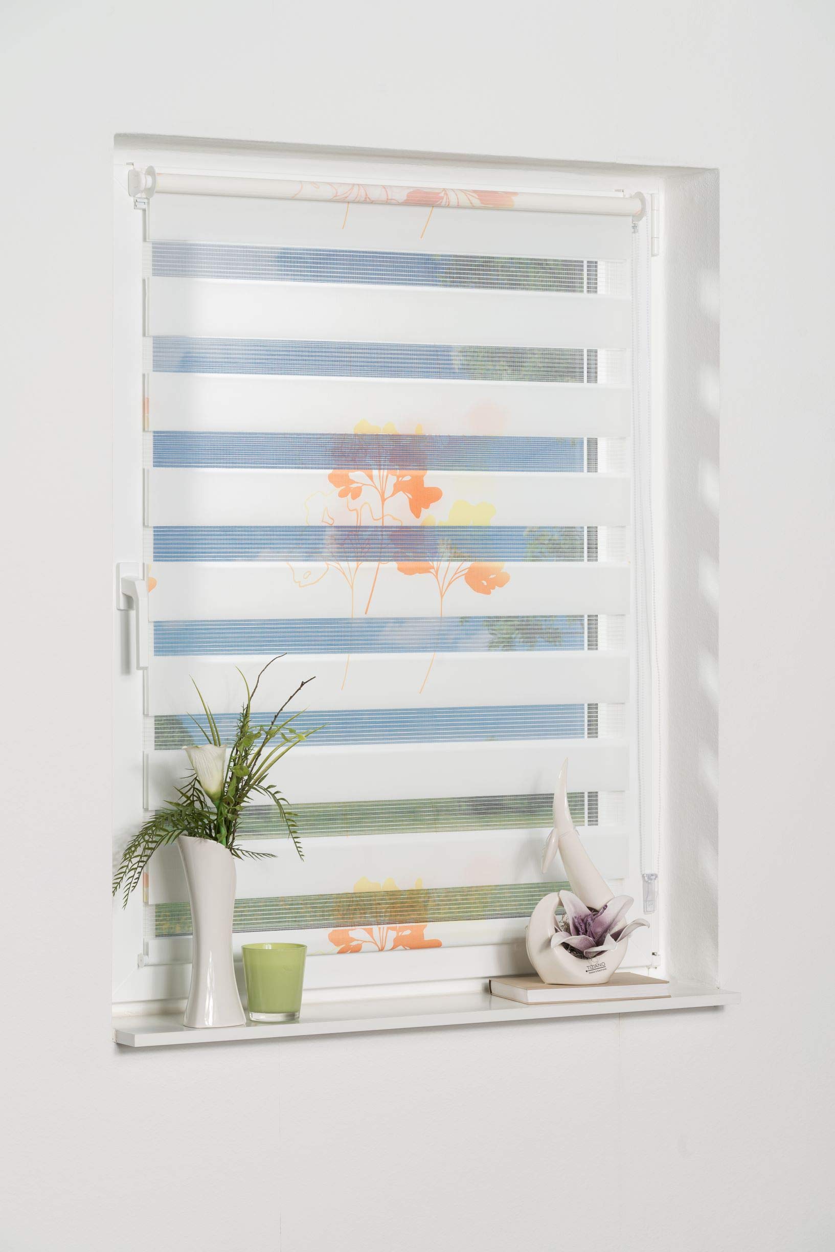 K-home Klemmfix Doppelrollo Denia ohne Bohren Orange 60 x 150 cm (B x L) Design:Blume