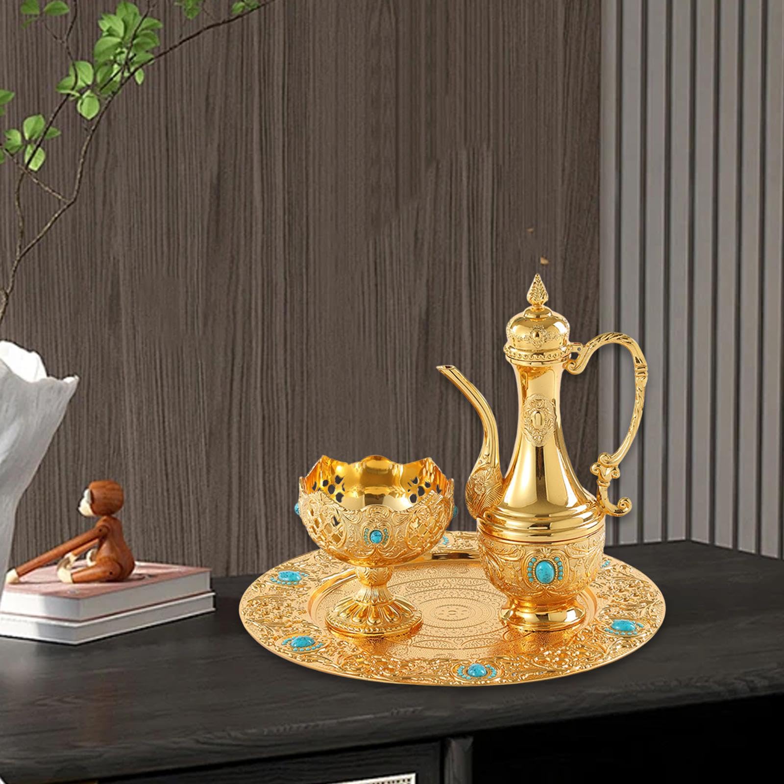 Bothyi Vintage Turkish Teapot Set European Art Crafts Ornament Metal Wine Glass Jug Serving Set for Living Room Party Home Bar Hotel