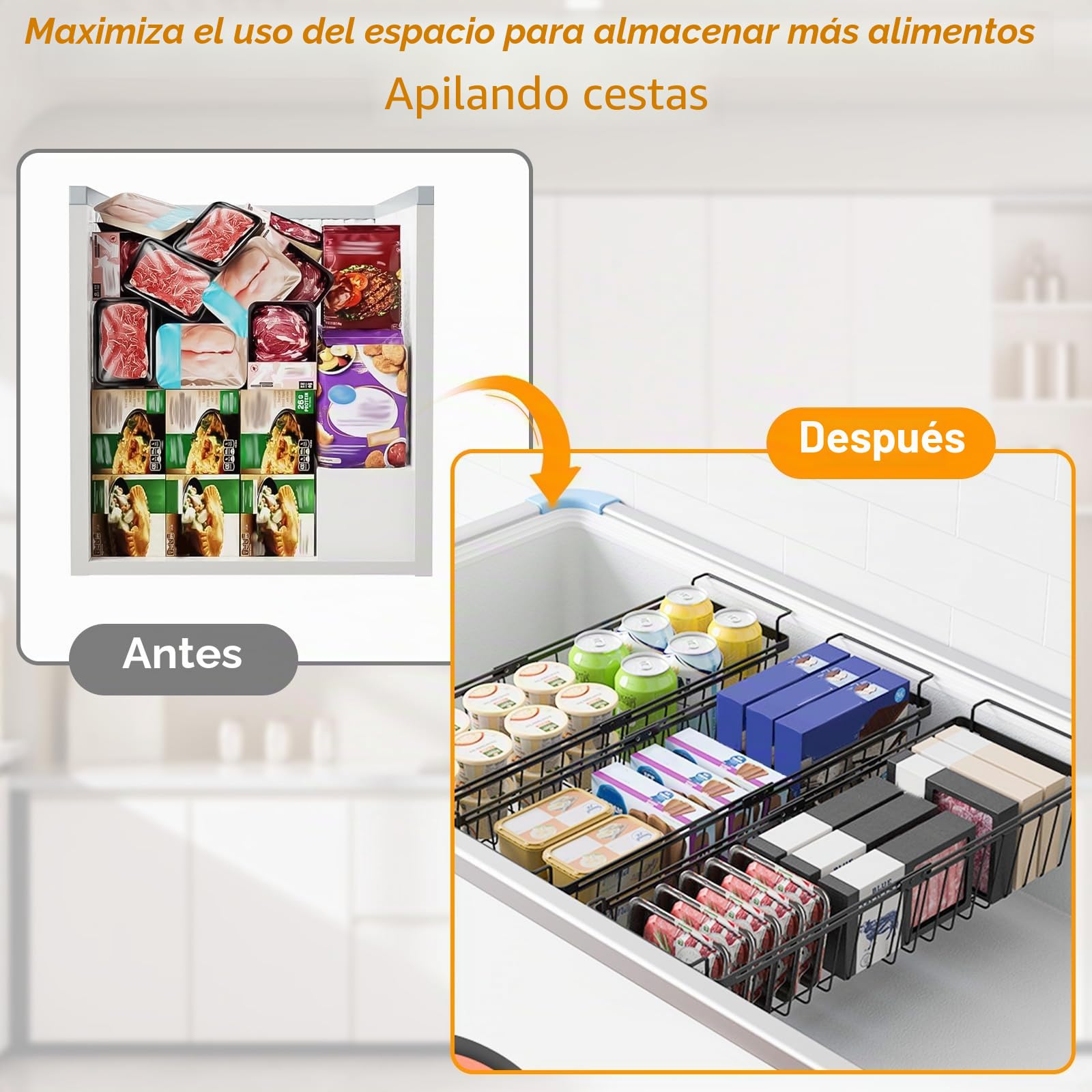 2 Negro Cesta para Congelador Extensible, Organizador Arcon Congelador Extensible Longitud 39.5cm a 59.5cm, Apilable Organizador Nevera con Asas Plegable y Fondo Antideslizante para 141 a 198L