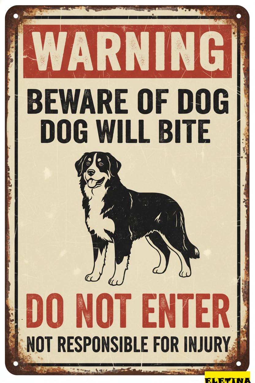 Warning Dog Will Bite Bernese Mountain Tin Sign, 8x12 Inch