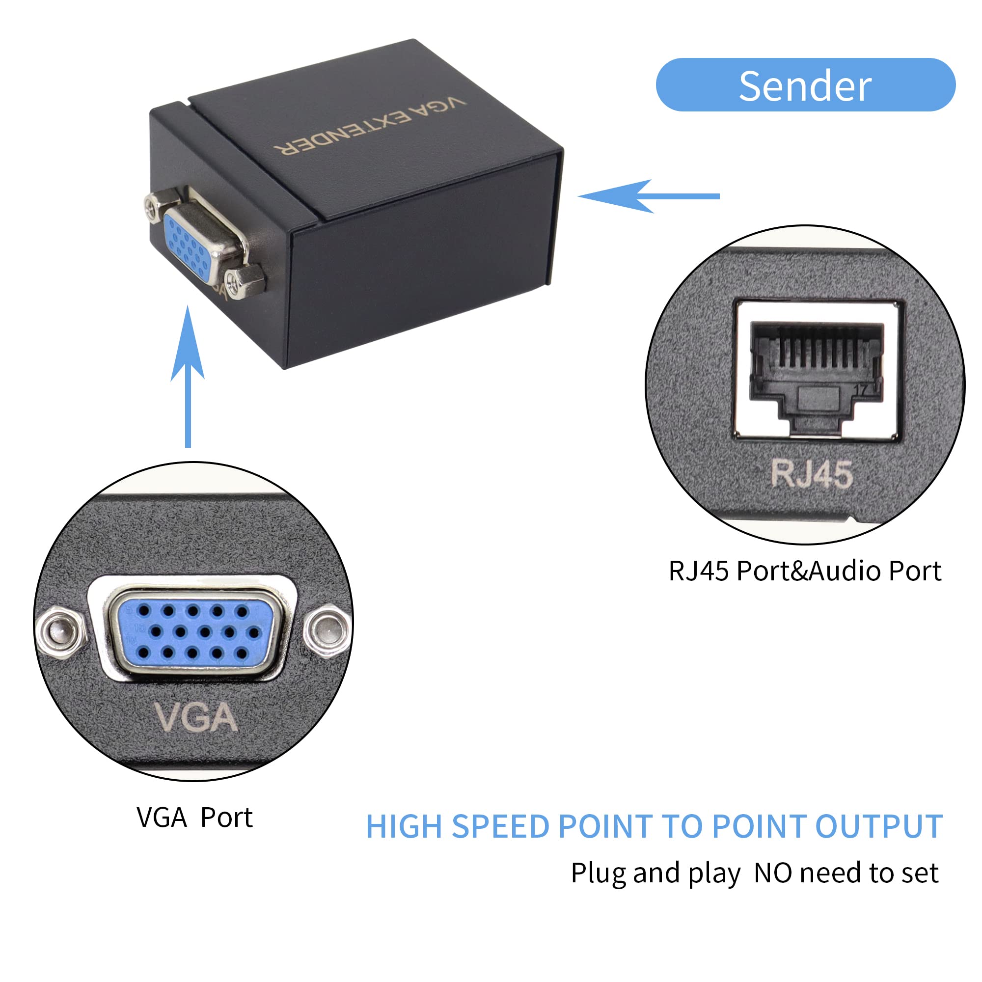 2 Pezzi Adattatore VGA Extender, da VGA a RJ45 su Cavo Ethernet Cat5e/Cat6, Converti Segnale, Estensibile Fino a 60 M/196 Piedi (Nero)