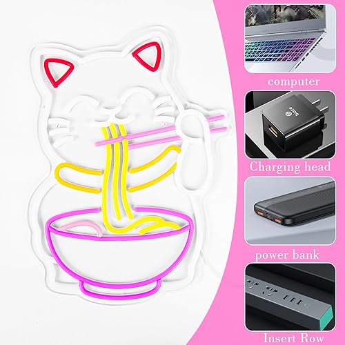 Miniatura 4 de Letrero de neón de ramen con texto en inglés "Fortune Cat", luces LED de neón regulables para decoración de pared, restaurante, cocina, ramen,