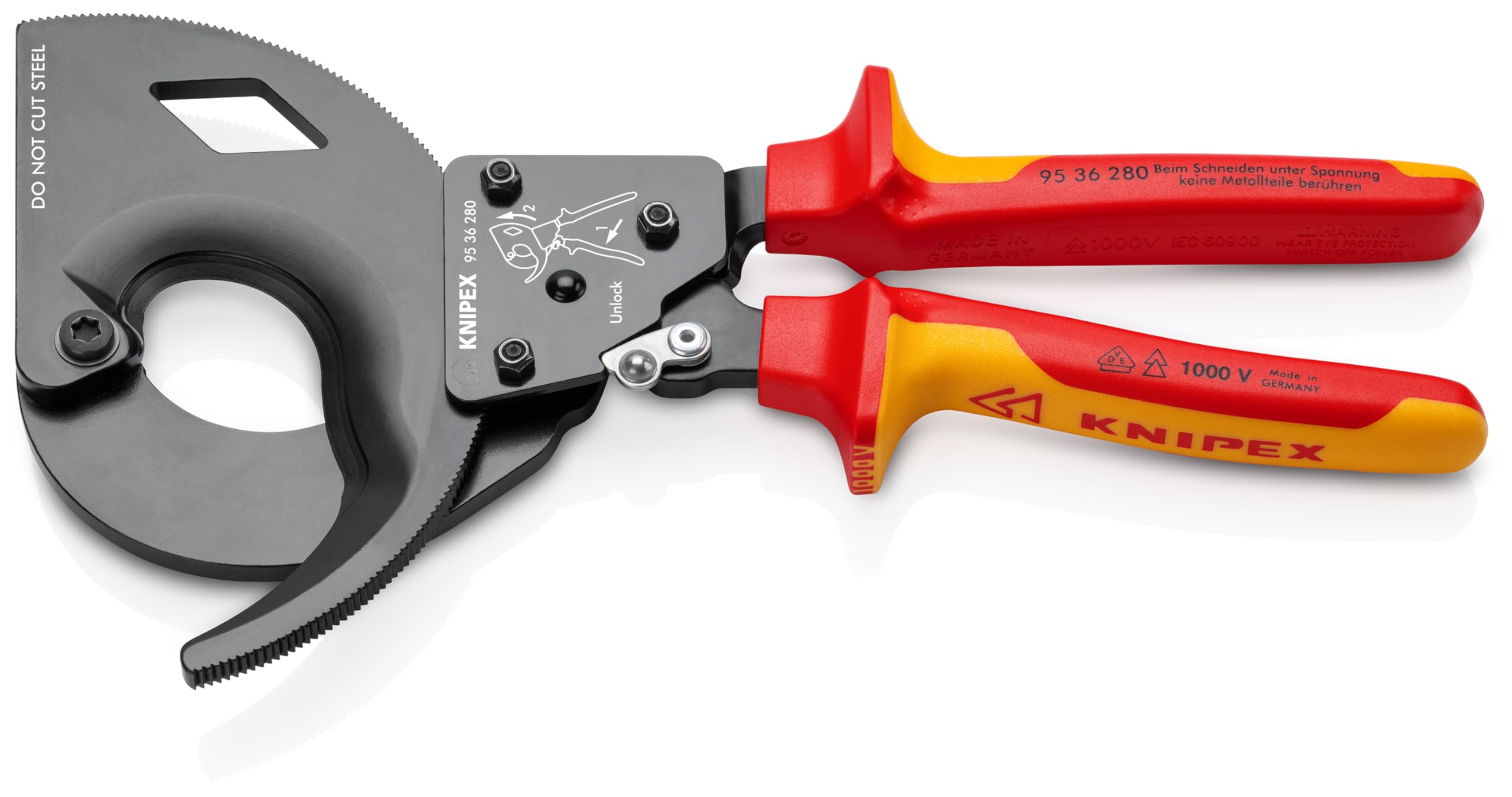 KNIPEX Cable Cutter (Ratchet Action) in Blister Insulated with Multi-Component Grips, VDE-Tested 280 mm, 95 36 280