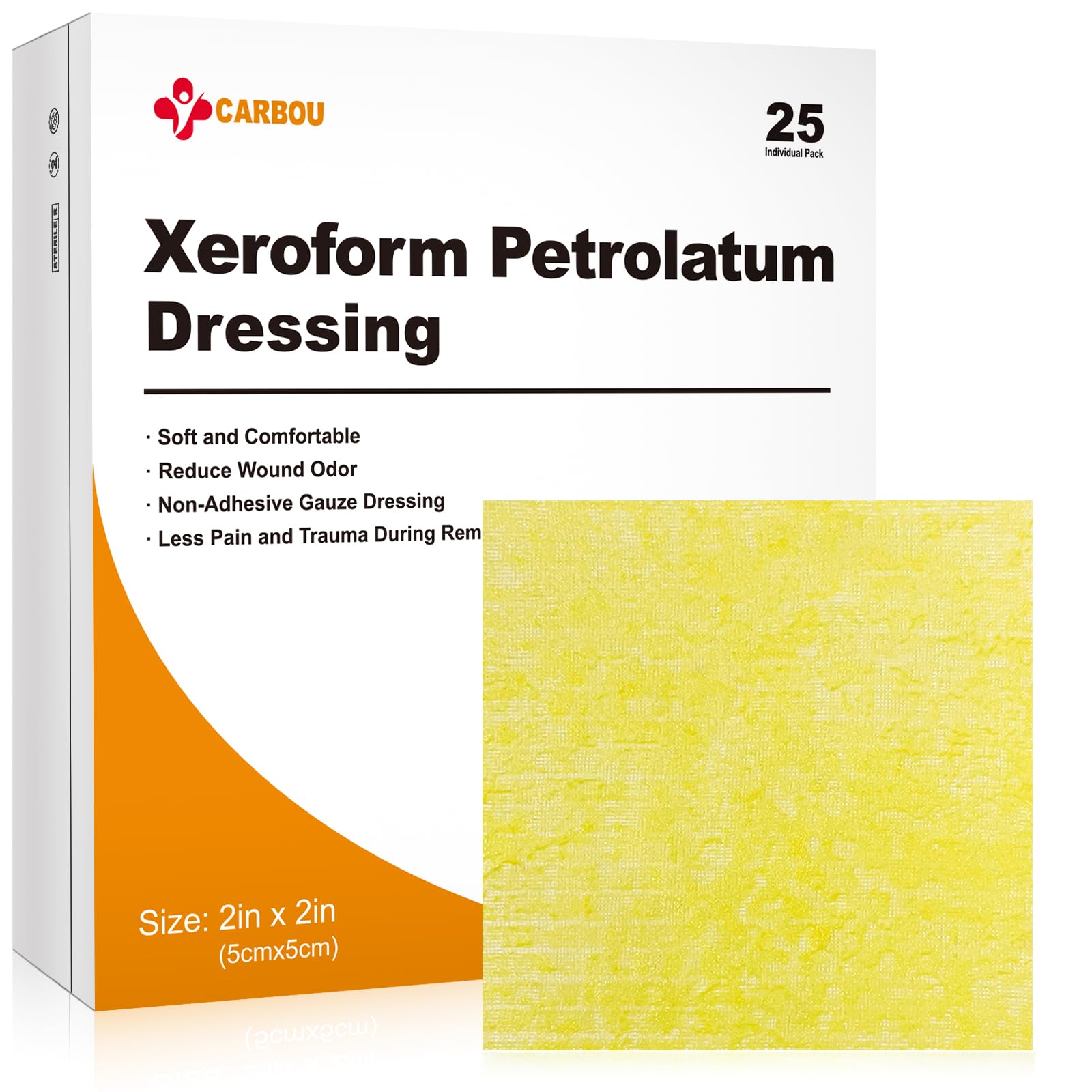 Carbou Medical Xeroform Petrolatum Dressing 2"x2", 25 Individual Pack, Non-Adherent Gauze Pads, Soft Fine Mesh Gauze Patch for Wound Care, Burns, Lacerations, Skin Grafts & Surgical Incisions
