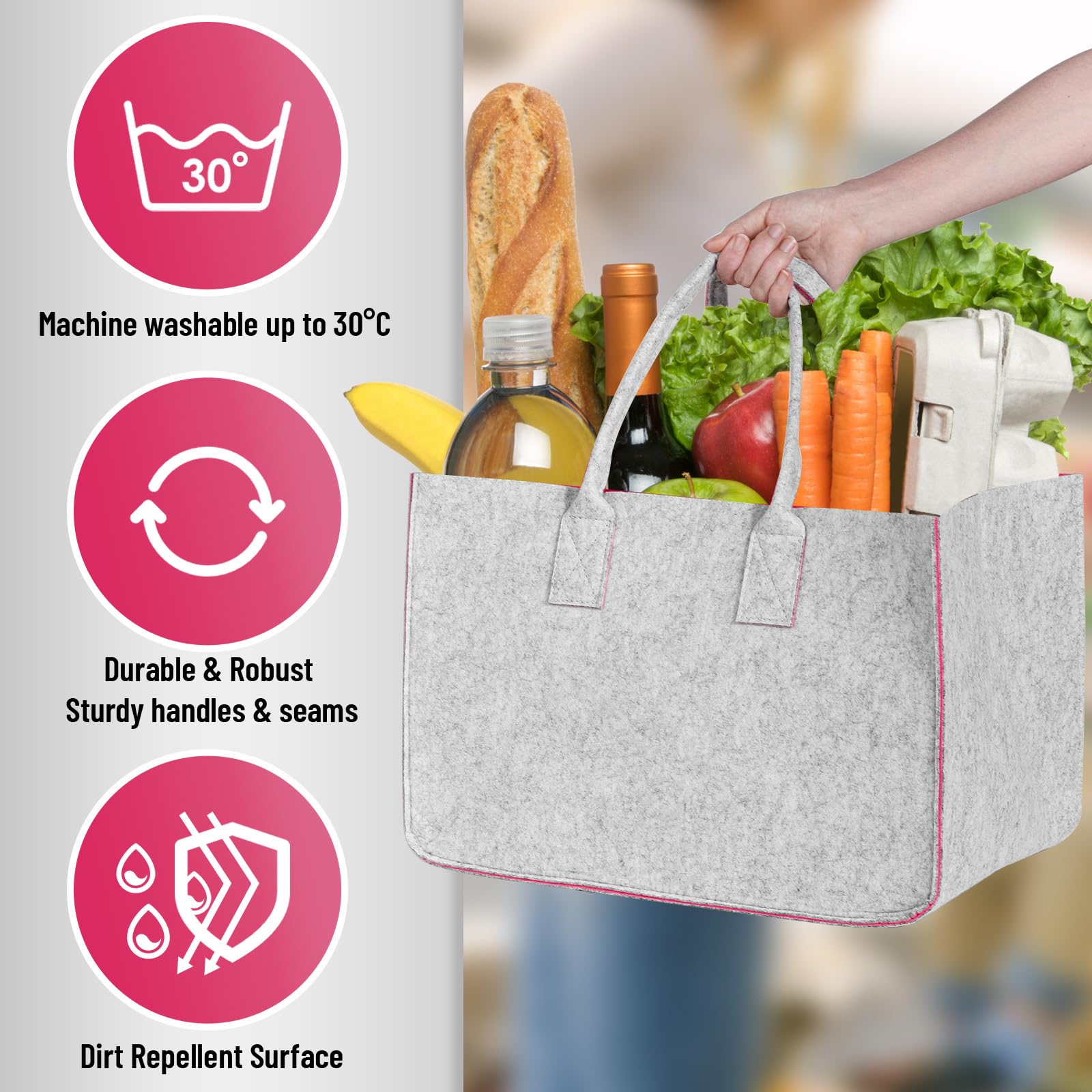 2 Pezzi Cestino per la Spesa Grande in Feltro 30L, Cesto Stabile per la Spesa 40x27x27 cm, Borsa per la Spesa Pieghevole per Supermercato, Casa e Auto, Leggera, Resistente e Riutilizzabile