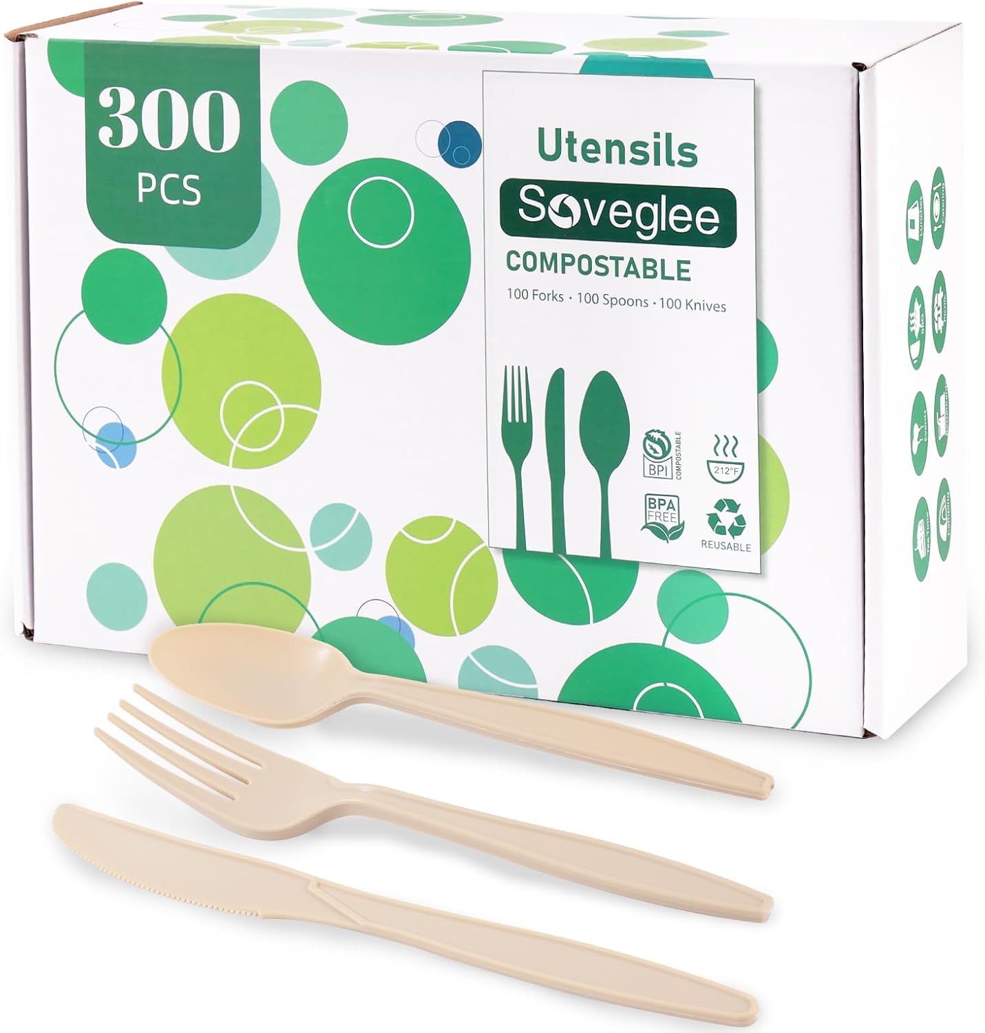 Compostable Utensils, Light Brown Disposable Silverware, Compostable Cutlery 100 Forks 100 Spoons 100 Knives, No Plastic Silverware, Eco Friendly Disposable Cutlery for Party Office Wedding