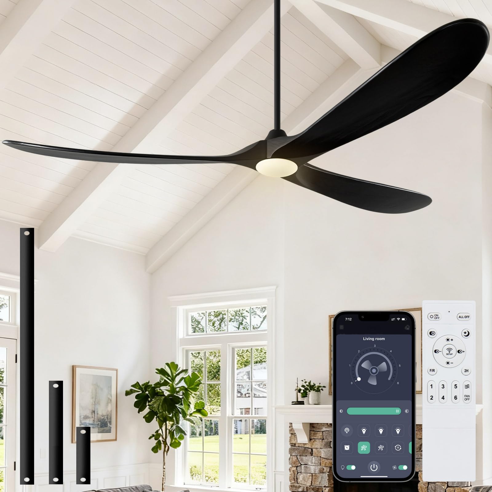 72 inch Outdoor Ceiling Fans with Lights-Glass Lamp, Large Damp Rated Wood Propeller Blades for Big Patios &amp; Porch, Smart APP and Remote Control, 3 Blades Dimmable LED Ceiling Fans, High CFM-Black