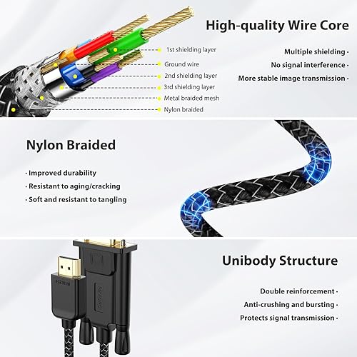 Miniatura 4 de Cable HDMI a VGA de 6 pies macho a macho, cable trenzado de nailon 1080P a 60Hz para monitor, computadora, computadora de escritorio, laptop, PC,