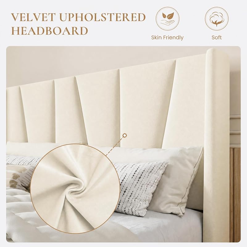 SHA CERLIN King Upholstered Bed Frame with Headboard, Cream image 4