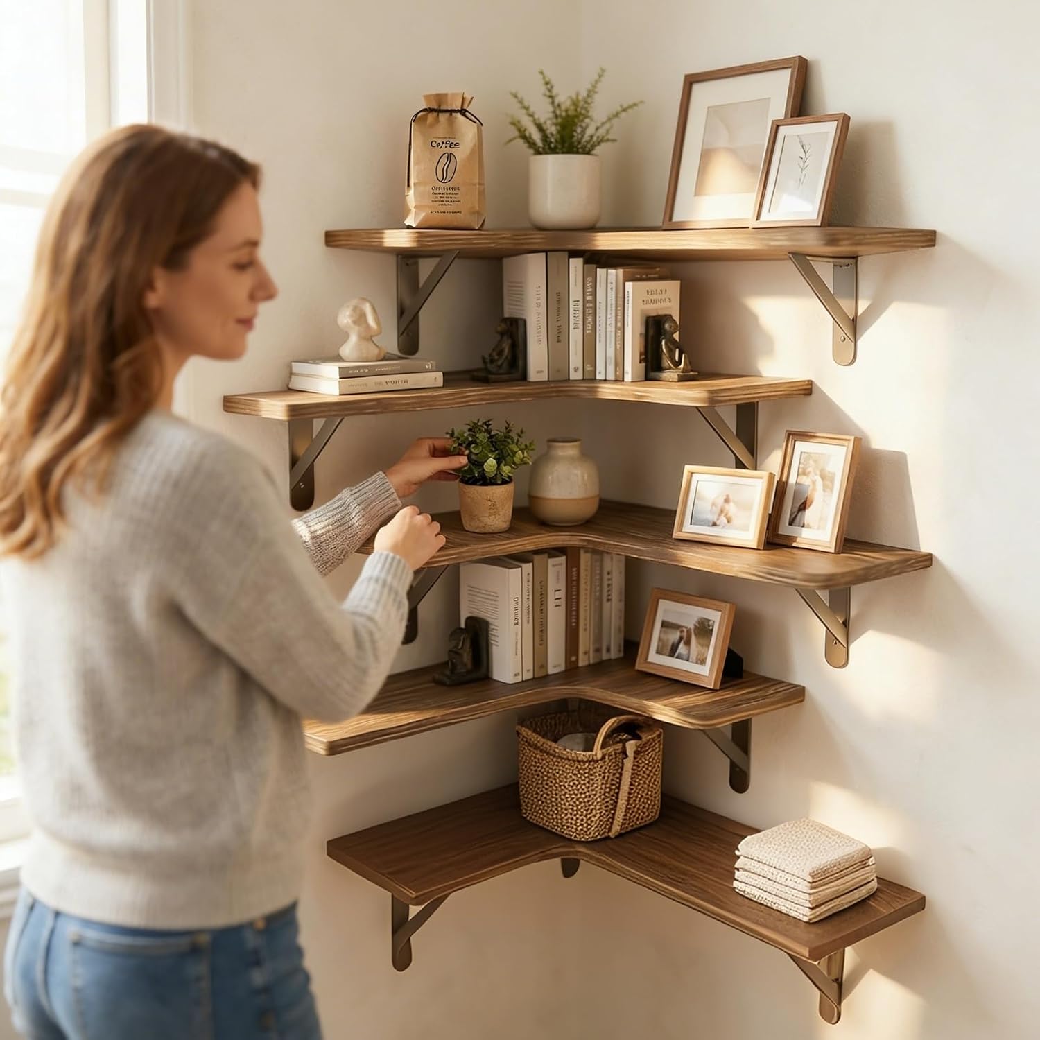 Corner Floating Shelves, Set of 5 L-Shape Wood Wall Mounted Shelves for Bathroom Kitchen Bedroom Living Room Laundry Room Home Decor, Wood Corner Shelves Rustic Brown