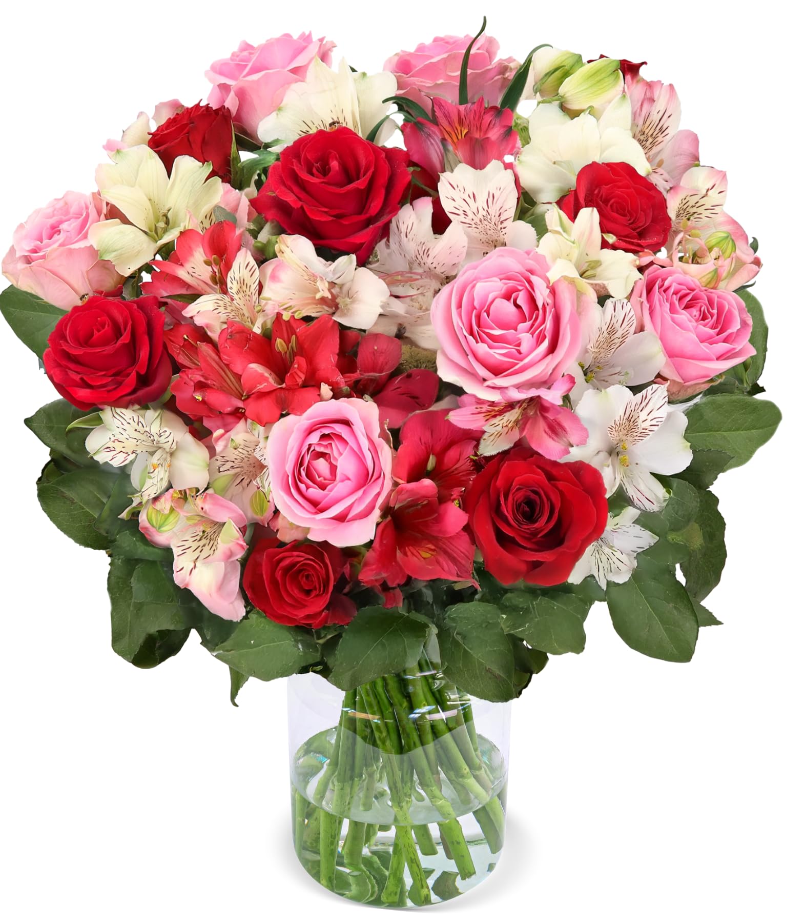 Blumenstrauß Rosenwunder, Rosen und Inkalilien, Rot, Weiß, Rosa, 40-50cm Länge, Qualität vom Floristen, handgebunden, perfekte Geschenkidee bestellen