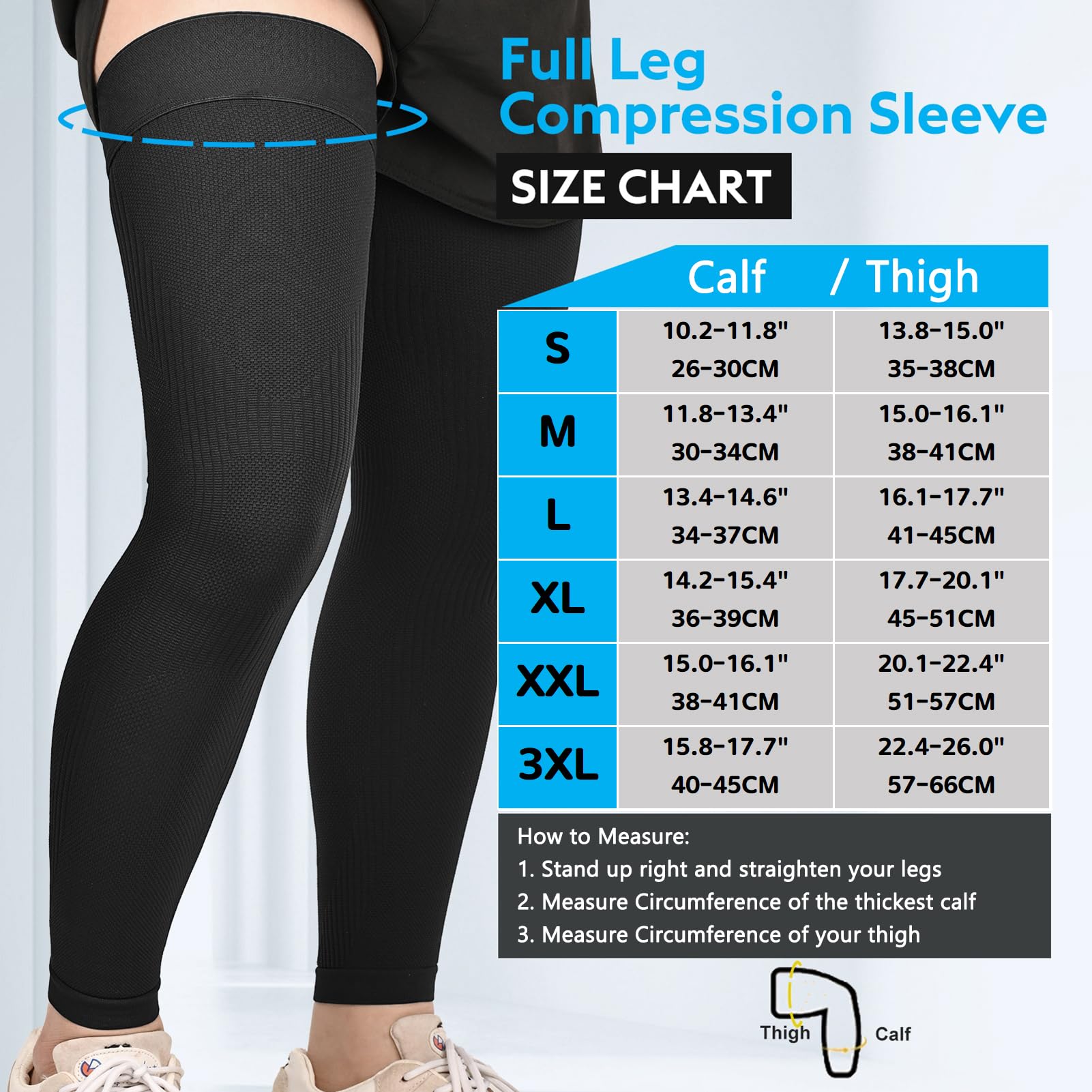 KEKING Mangas de compresión de pierna completa, unisex, medias de compresión hasta el muslo, 20-30 mmHg, soporte graduado para muslo, pantorrilla y rodilla