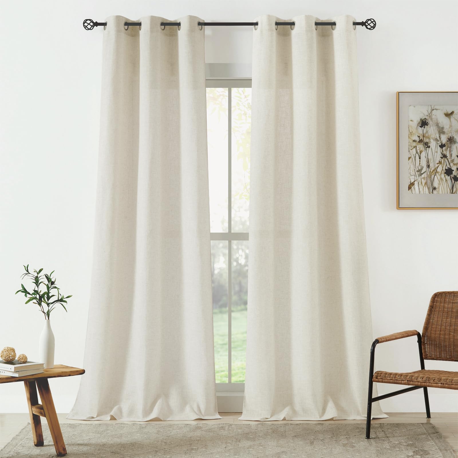 Ronaldecor Natural Linen Blended Curtains for Living Room Bedroom, Linen Textured Semi Sheer Boho Curtain Panels, Light Filtering Grommet Top Window