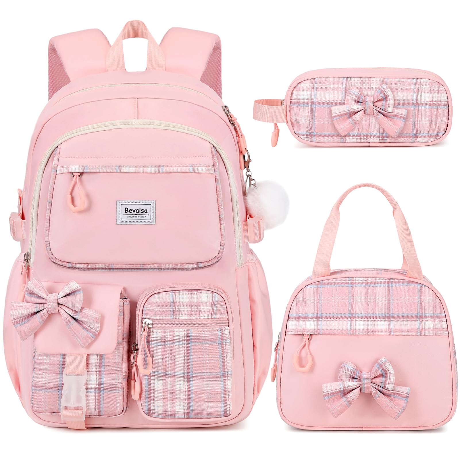 Bevalsa Backpack for Girls, School Bags for Kids with Lunch Bag & Pen Case, Bow Plaid Bookbag for Girls Children Teens for Elementary Middle High