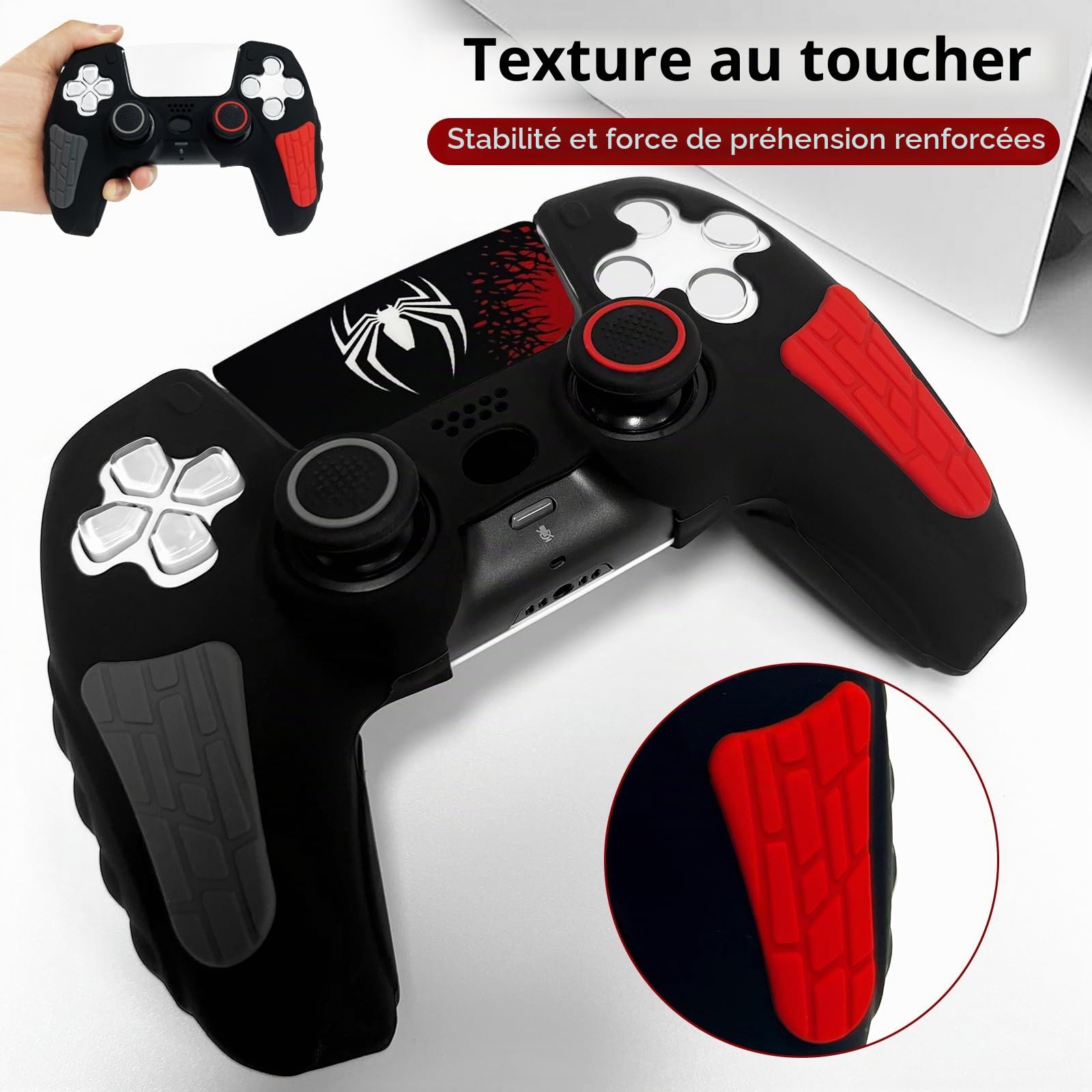 Skin antidérapant pour manette PS5 araignée noire, coque de protection en silicone souple et épaisse compatible avec manette PS5/Slim/Pro avec 2 capuchons de pouce, protections de joystick