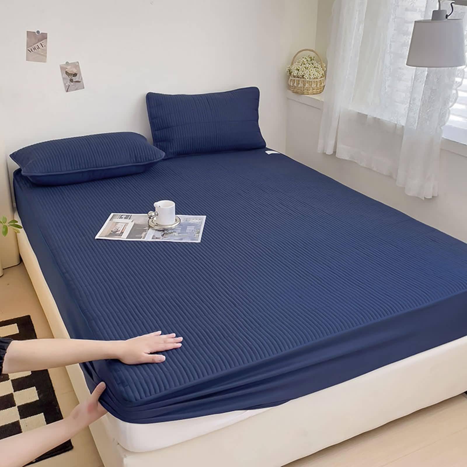 Set 3 Teilig Spannbettlaken Einzelbett mit Gummizug Polyester Baumwolle, Einfarbig mit Streifen, 120 x 200 cm + 2 Kissenbezüge, Spannbettlaken Einzelbett Blau Marine