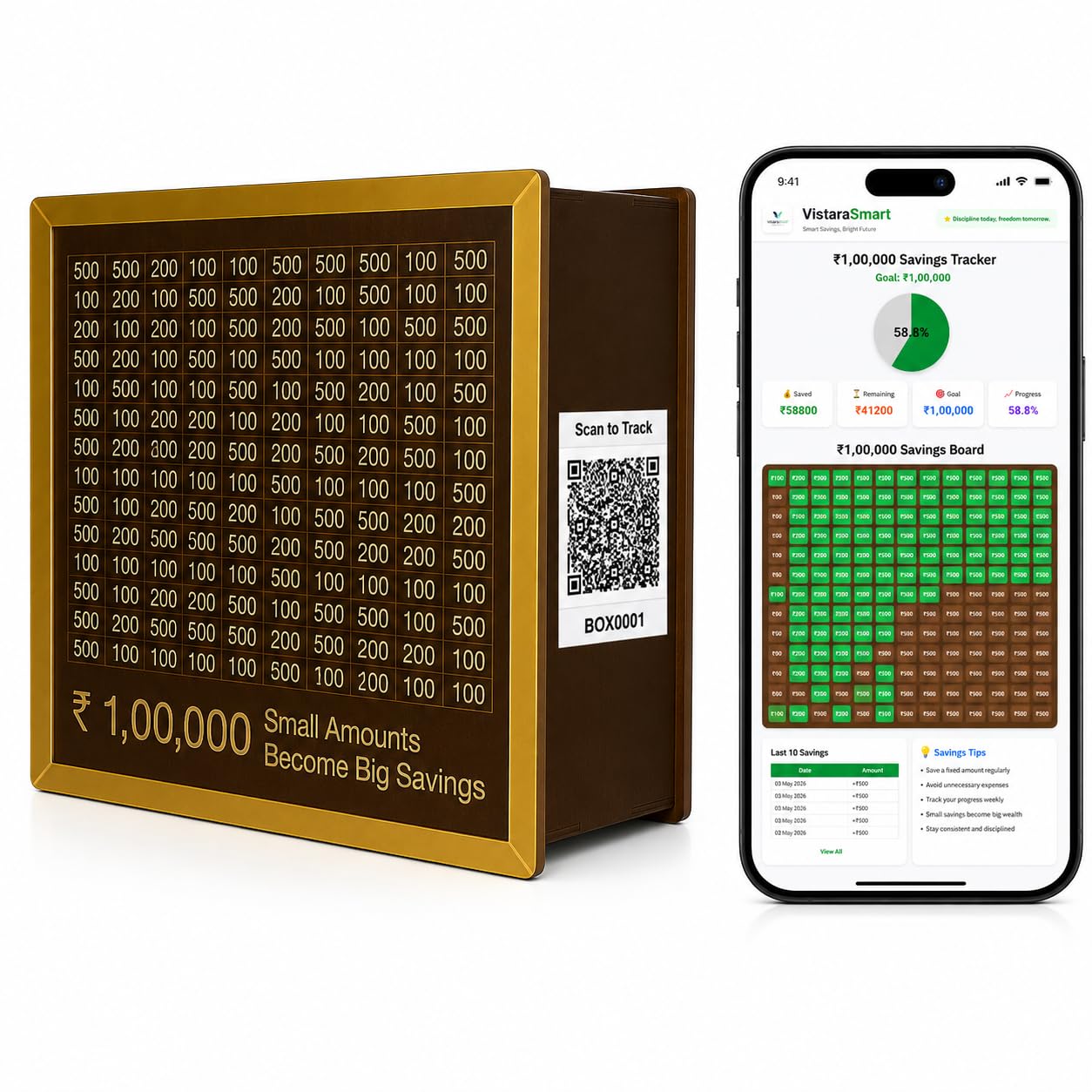 Savings Challenge Box – Wooden Piggy Bank with QR Code Tracking (No Battery Required) | ₹1,00,000 Goal Saving Box for Adults & Kids | Money Saving Box for Home & Gifting-image-39