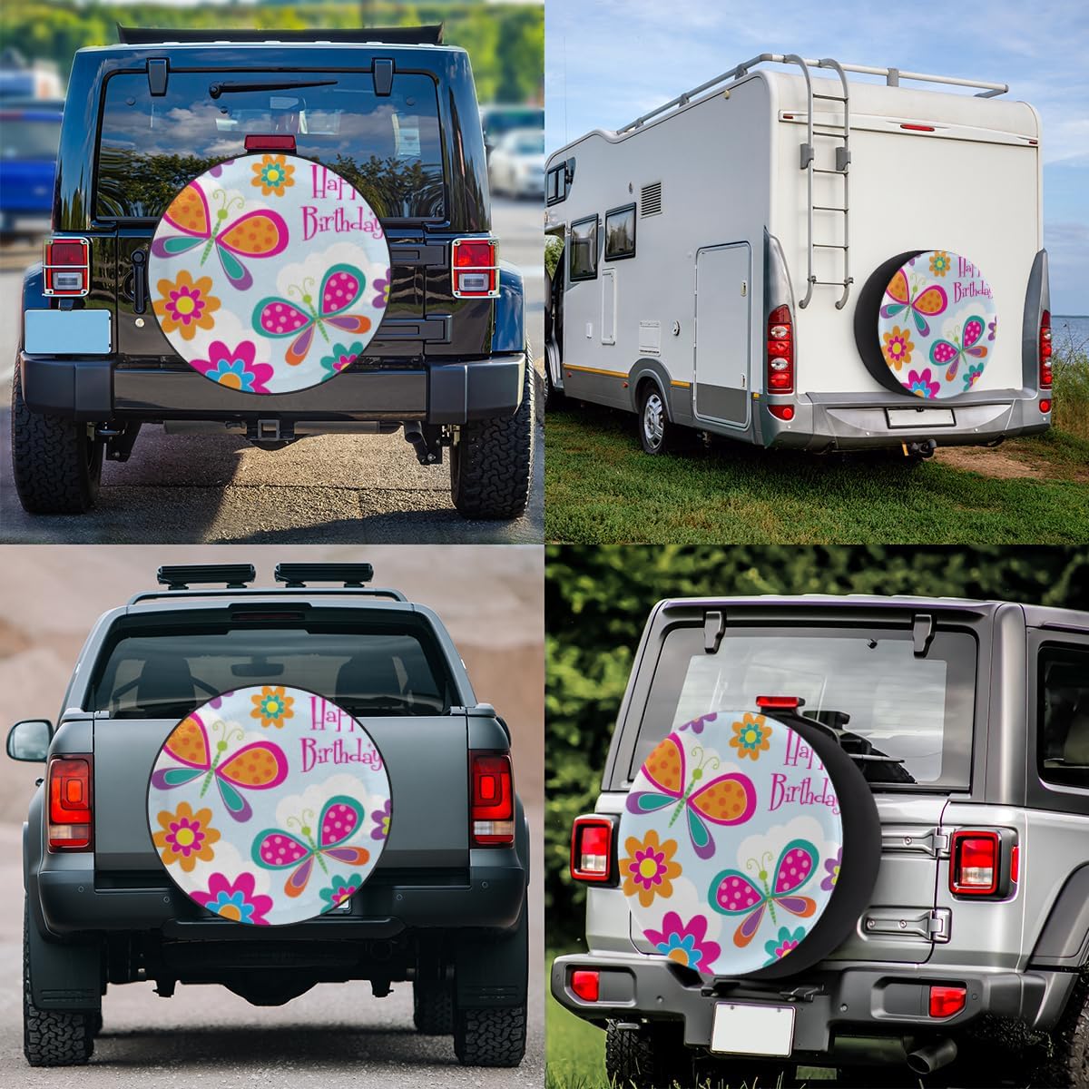 Happy Birthday Butterfly Tire Covers Portable Spare Tire Cover Soft Durable Waterproof Dustproof 3 Sizes 14 15 16 Inches for Car Truck SUV Trailer Camper