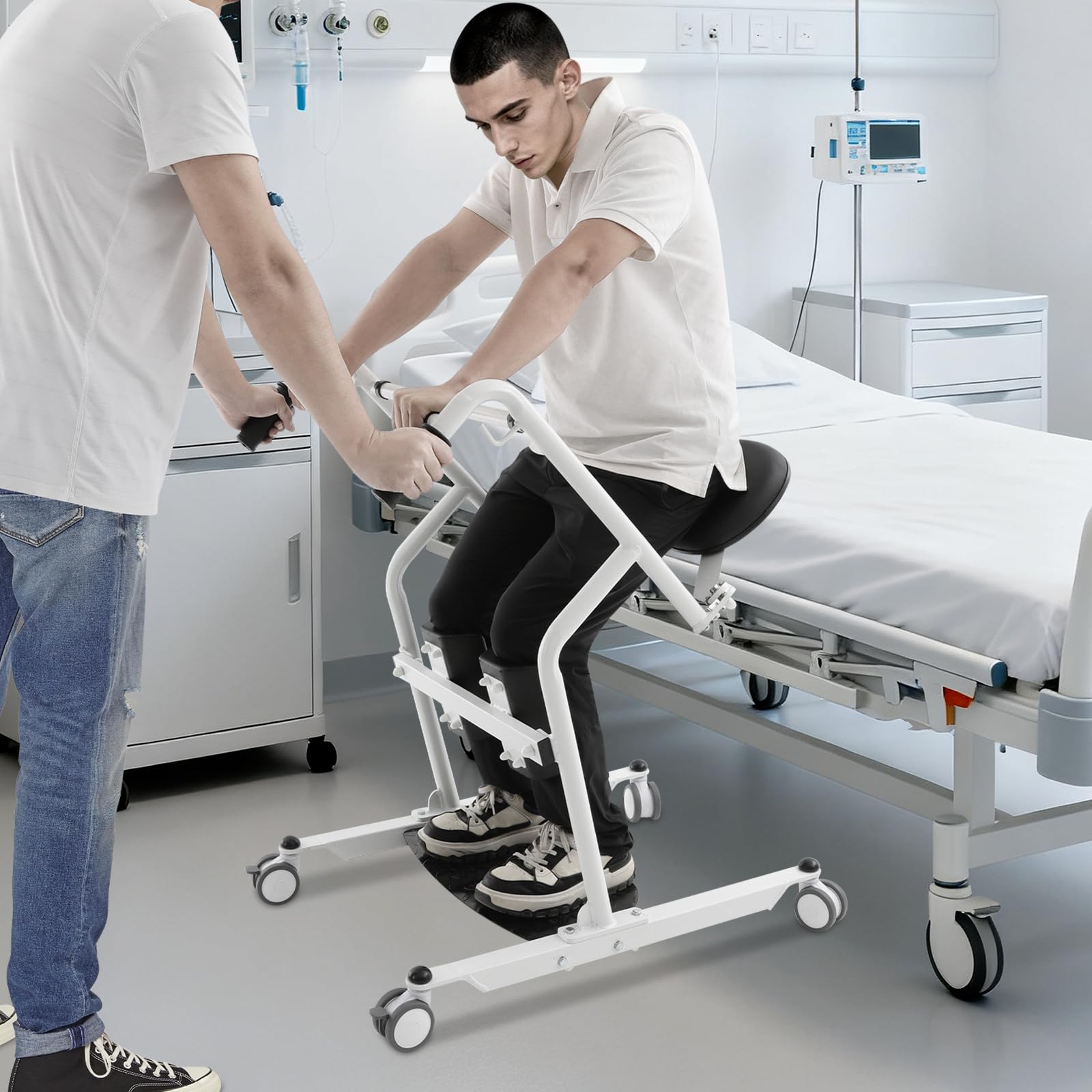 Krzesło transferowe dla pacjentów, do domu do 130 kg, mobilne wspomaganie wstawania, łóżko i sofa, ze stali, z obrotowym siedziskiem, nakolannikami i 4 kółkami skrętnymi (2 z hamulcem), pielęgnacja i