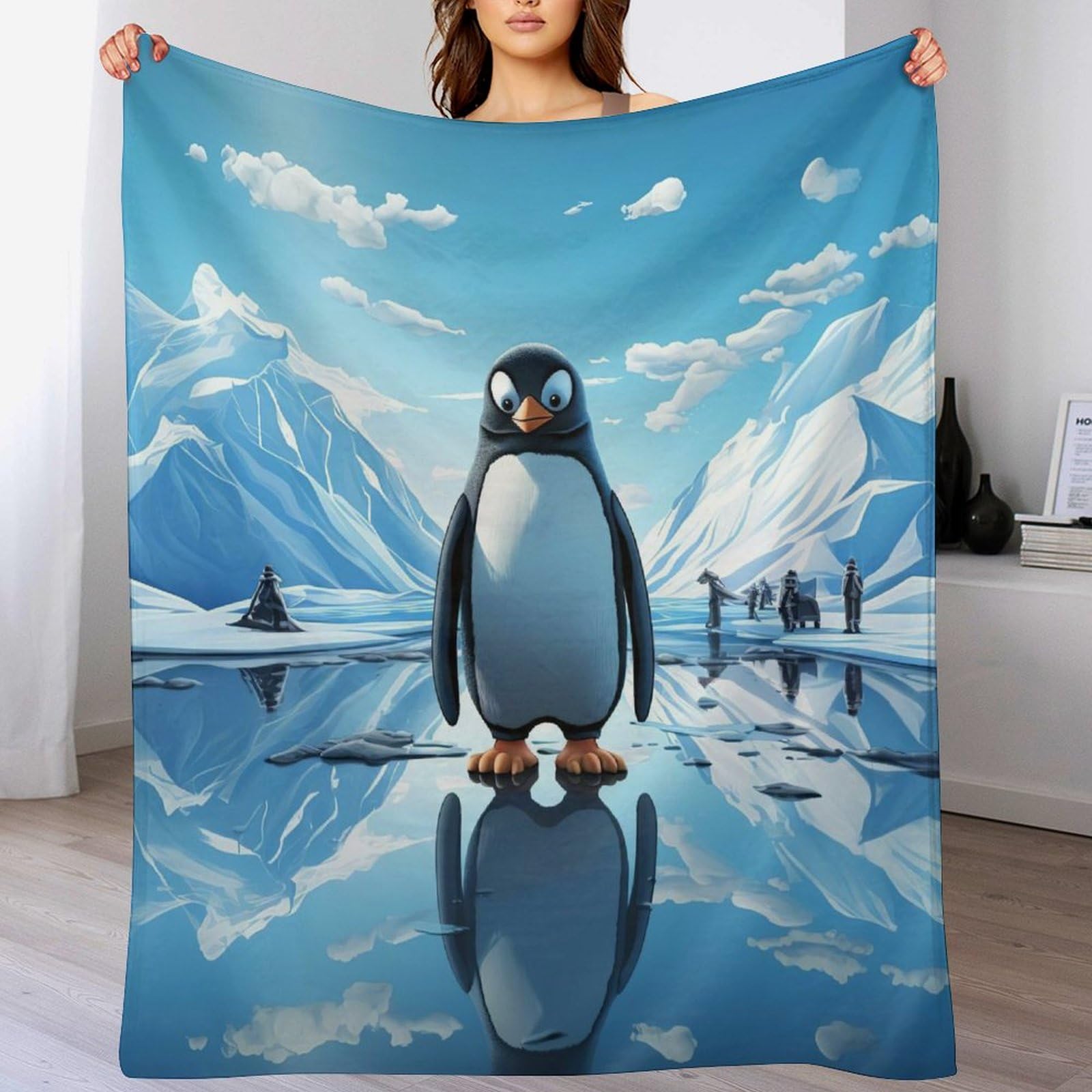 Couverture pingouins toutes saisons en flannel thermorégulatrice pour lit 130x150cm