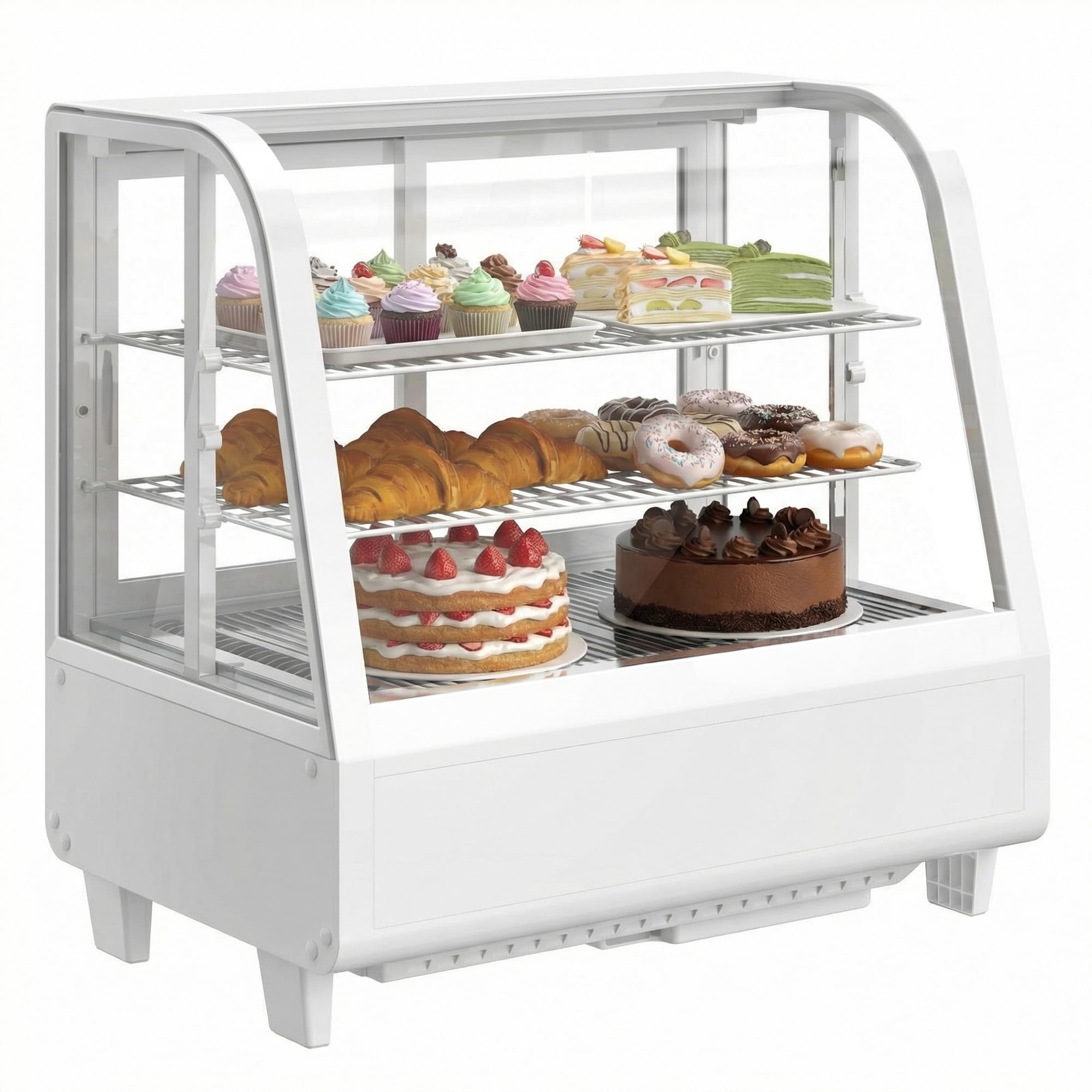Upstreman Vitrina Refrigeradora 100L con Iluminación LED, Control Digital de Temperatura 2-10°C, 2 Estantes Ajustables, para Cafetería, Panadería y Pastelería, CD101 Blanco