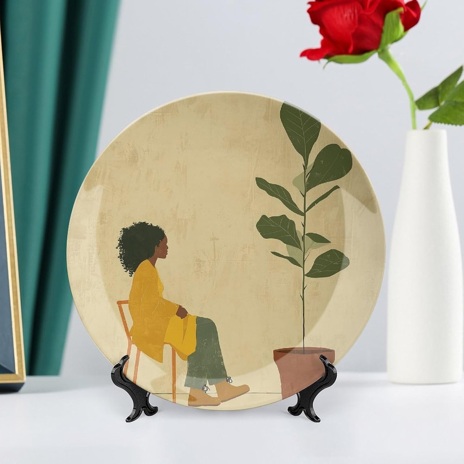 Potted Plant And Woman Ceramic Decorative Plate for Office Decor, Chinese Style Decorative Dish with Stand, Dinner Dish Decorative Plates for Wall Hanging Bone Collections Plates 10inch