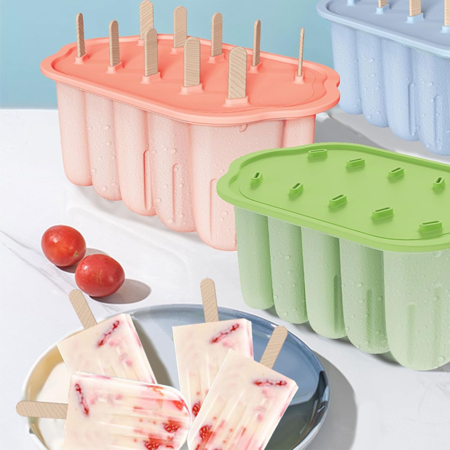 Silicone Ice Cream Mold Set with Lid, Flexible Non Stick Maker, Detachable Handle for Homemade Treats and Parties