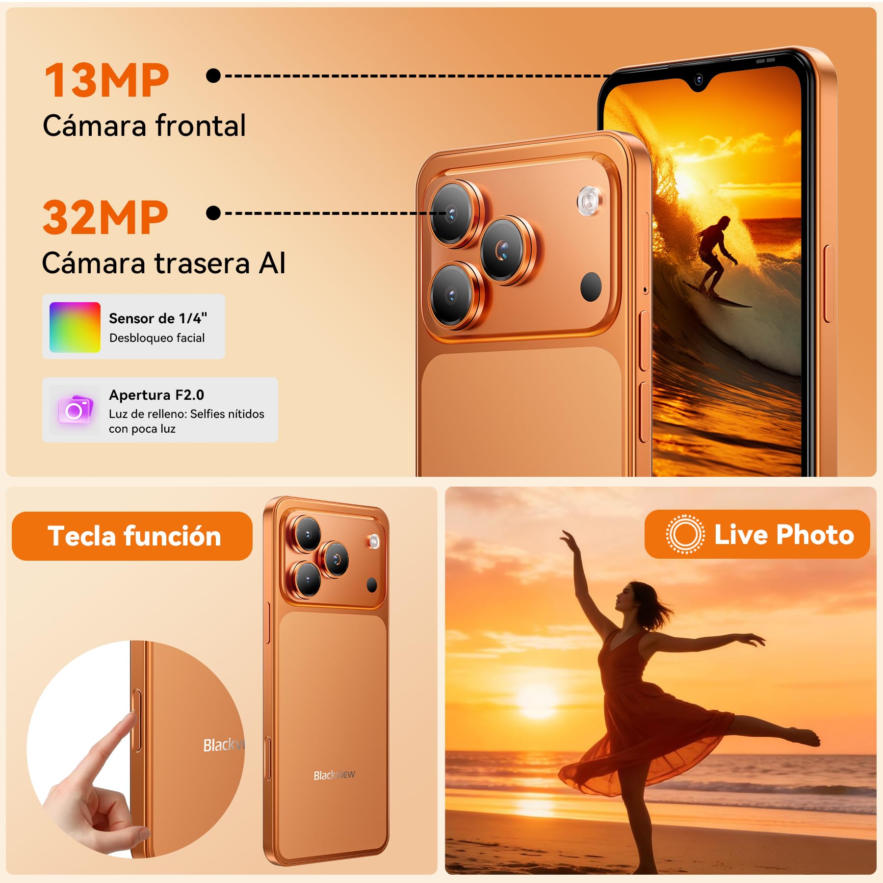 Blackview Wave 7C smartfon bez umowy, smartfon z systemem Android 16, aparat 32 MP + 13 MP, 16 GB + 64 GB/2 TB, telefon komórkowy o przekątnej 6,56", telefon komórkowy 5000 mAh, bez SIM, 4G Dual SIM | 32 MP
