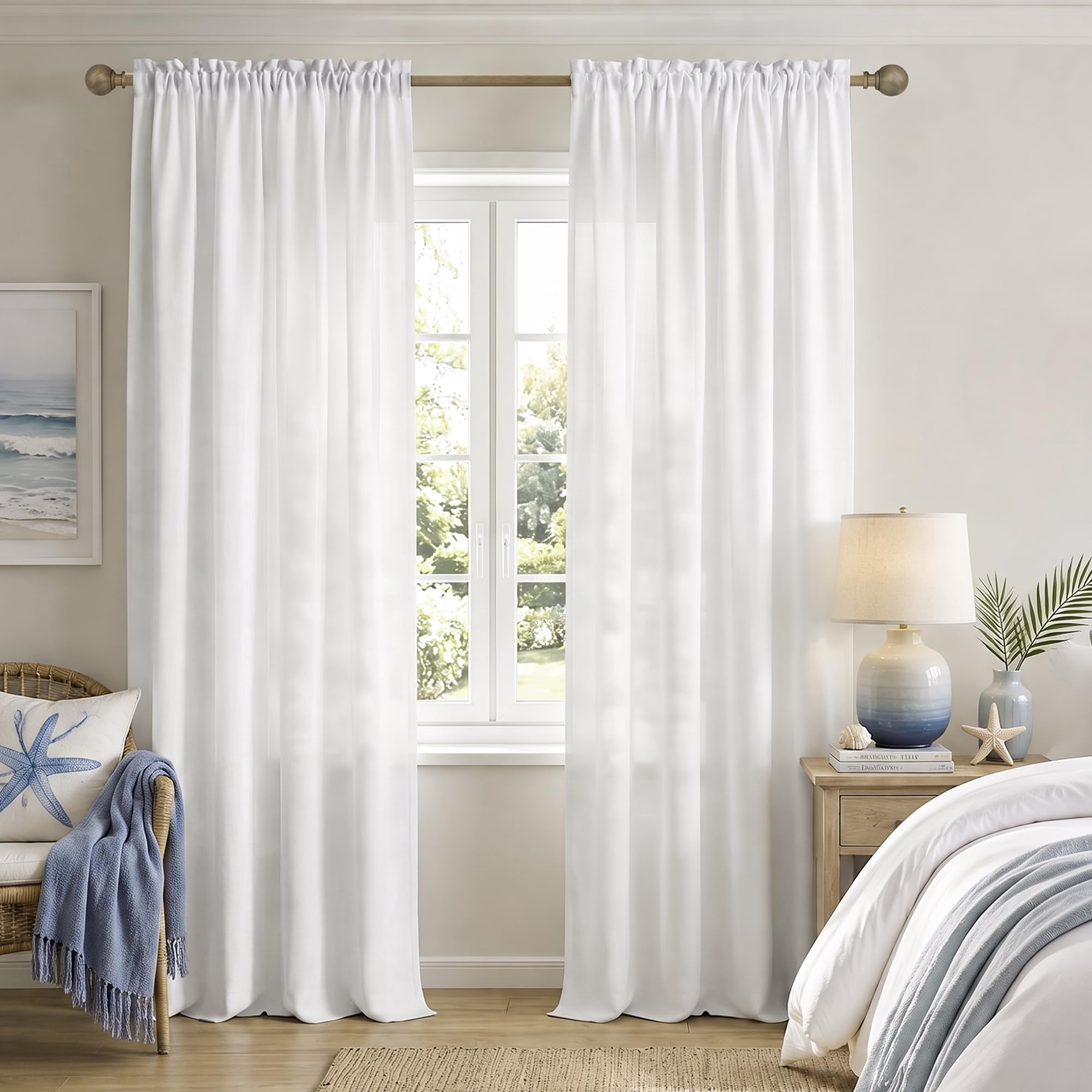 Pure White Sheer Curtains 96 Inches Long for Living Room 2 Panels Rod Pocket Draperies Semi Transparent Light Filtering Linen Floor Length Curtain for Dining Room Beach Country Farmhouse Vintage White