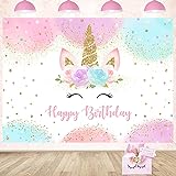 Rainbow Unicorn Backdrop Happy Birthday Party Decorations for Girls Watercolor Floral Glitter Stars Dots Unicorn Cake Table Banner Supplies Studio Props,150 * 90cm
