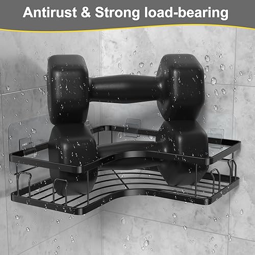 Miniatura 4 de Organizador de ducha de esquina, paquete de 2 organizadores adhesivos de ducha de baño, estante de ducha negro sin perforaciones para ducha