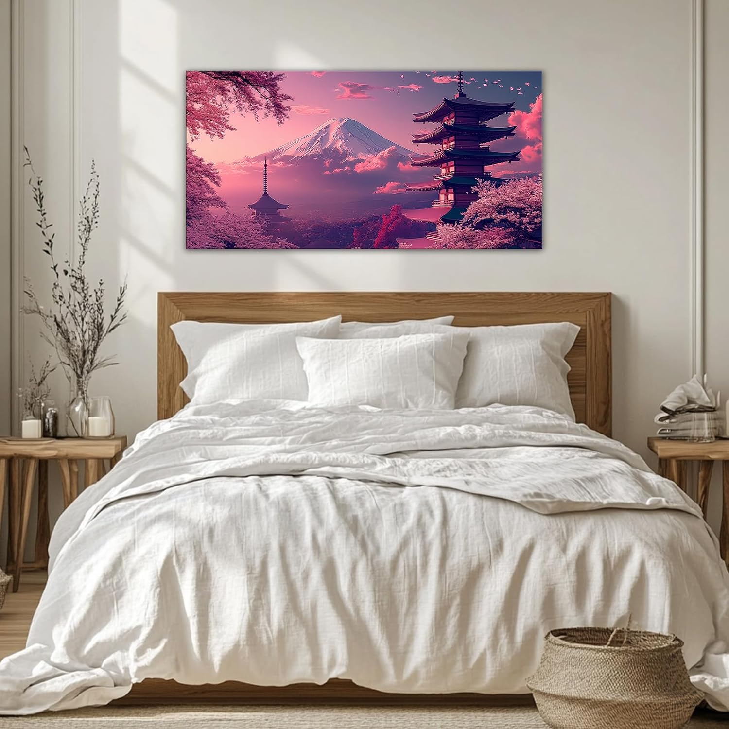 GLOKAKA Large Japanese Landscape Wall Art Mount Fuji Temple Cherry Blossom Canvas Print Traditional Japan Artwork for Living Room Bedroom Home Wall Decor(Artwork-1,12"x24")
