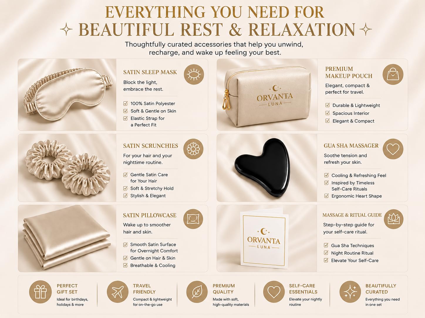 Luna Luxury Self Care Gift Set for Women – Satin Sleep Mask, Satin Pillowcase, Gua Sha, Satin Scrunchies & Travel Pouch (Champagne)