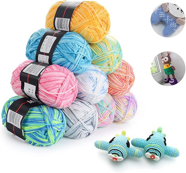 HellDoler 10 Pieces 50g Crochet Yarn Multicoloured Acrylic Cotton Wool Knitting Yarn Hand Knitting Yarn Set,200m per Roll