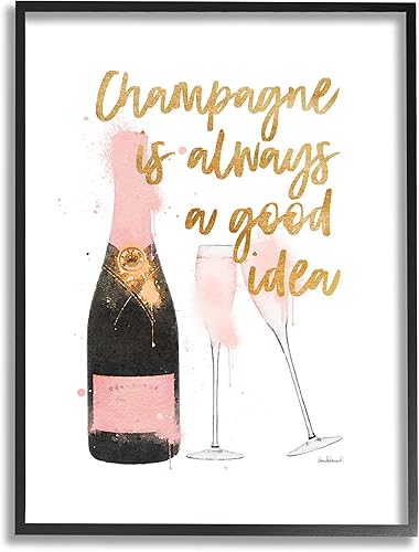 Stupell Industries Champagne Always Good Idea Phrase Chic - Botella de vino diseñada por Amanda Greenwood, arte de pared enmarcado negro, 16 x 20