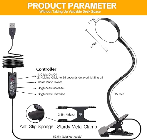 Miniatura 3 de Lámpara de escritorio con clip, luz de lectura, lámpara de lectura, luz USB flexible de cuello de cisne, luz de libro para niños, libro de lectura