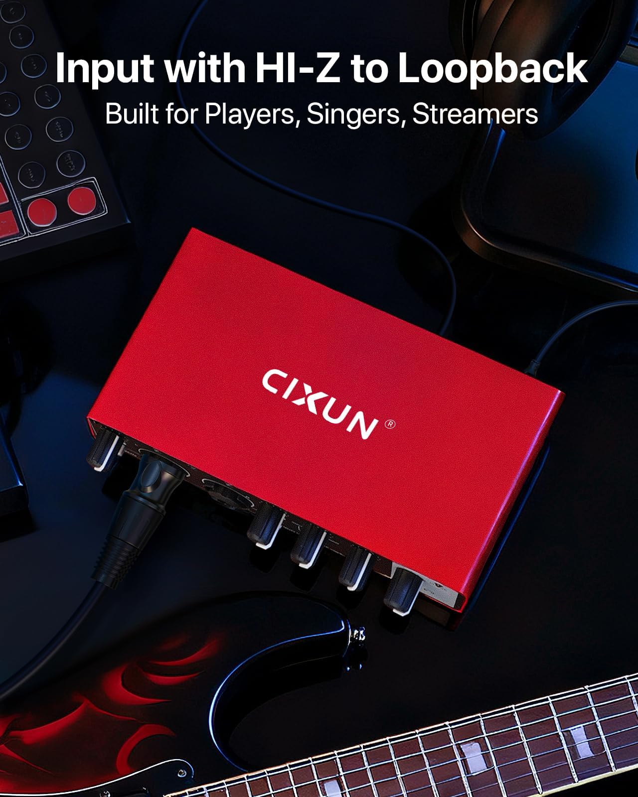 Carte Son Externe,2×2 Interface Audio USB-C pour PC,24 Bits/192 kHz, Doubles Entrées TS/XLR,Alimentation Fantôme +48 V,pour Studio/Podcast/Diffusion en Direct (Rouge)