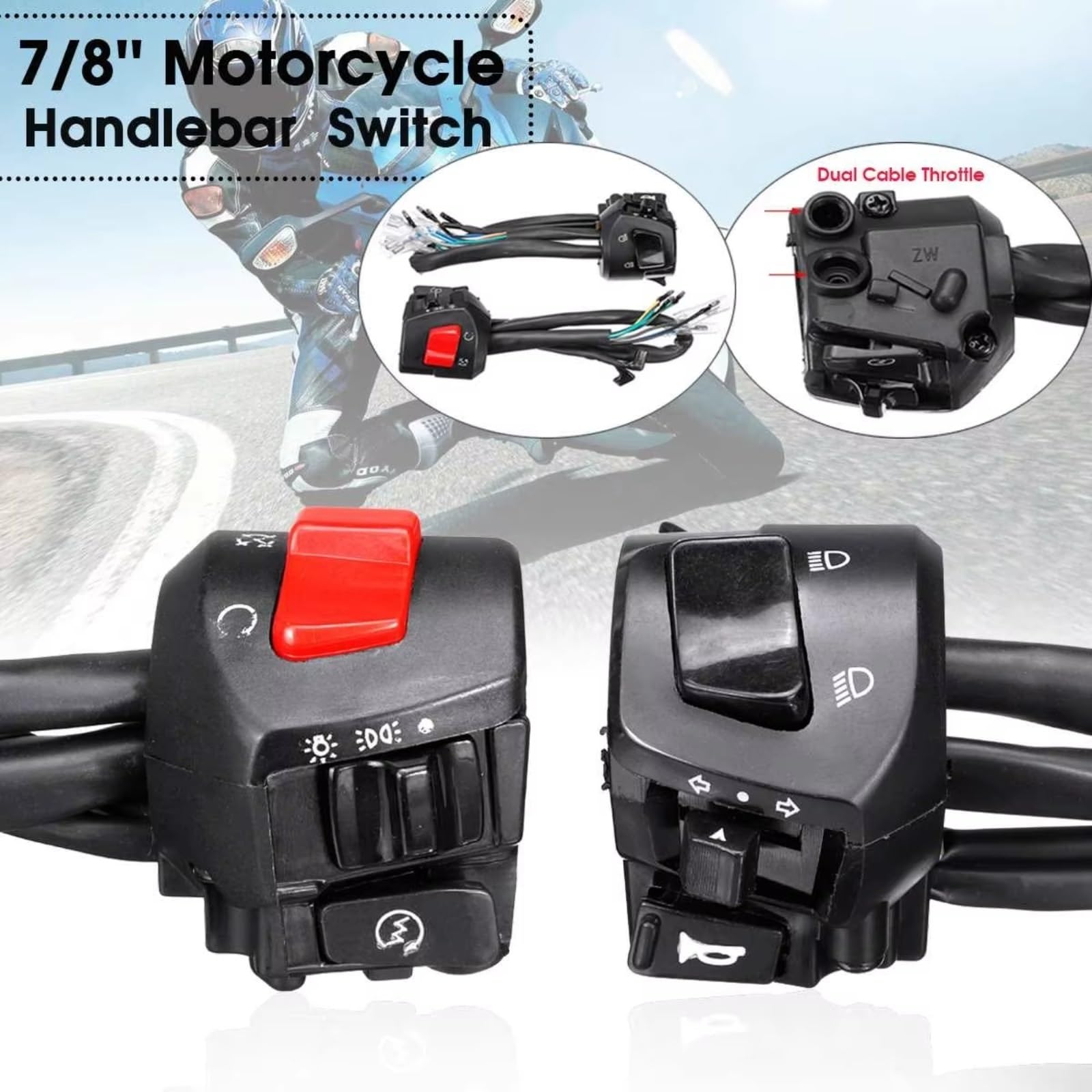 Interrupteur d'allumage avec Verrouillage, Commandes de Guidon 7/8", klaxon, Clignotants, Phare, Interrupteur de démarrage électrique, Double accélérateur, pièces universelles pour Moto 12 V