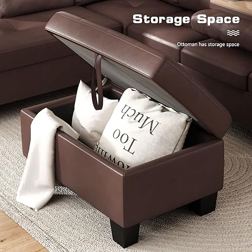 Miniatura 4 de DKLGG Sofá seccional para sala de estar con otomana de almacenamiento moderno juego de sofá en forma de L sofá modular marrón con soporte para tazas