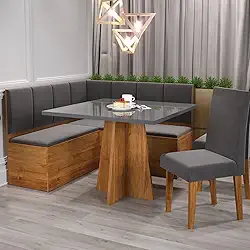 Conjunto Canto Alemão Baú Bariloche Mesa Quadrada 90x90 sem Vidro e 2 Cadeiras Venus em Mdp/mdf Mel/Cinza/Grafite