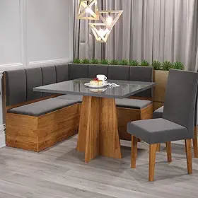 Conjunto Canto Alemão Baú Bariloche Mesa Quadrada 90x90 sem Vidro e 2 Cadeiras Venus em Mdp/mdf Mel/Cinza/Grafite
