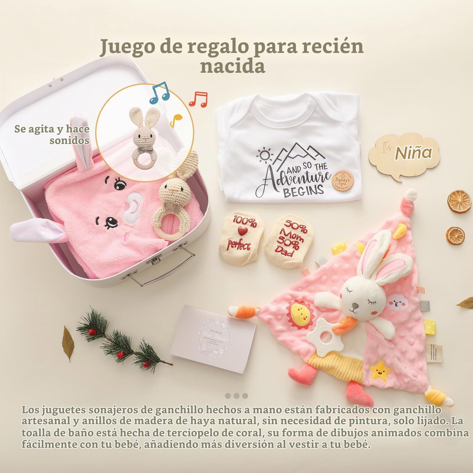 Baby Gift Set Traje regalo para bebés,regalo recién nacidos,toallas baño para fiestas bebés,calcetines mantas para bebés milestone,ganchillo madera,juguetes Griffin Rattle (para niñas)